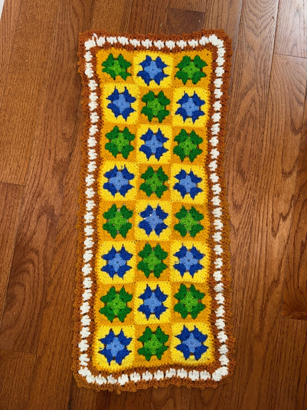 Vintage handmade crochet table runner vibrant pattern floral granny squares